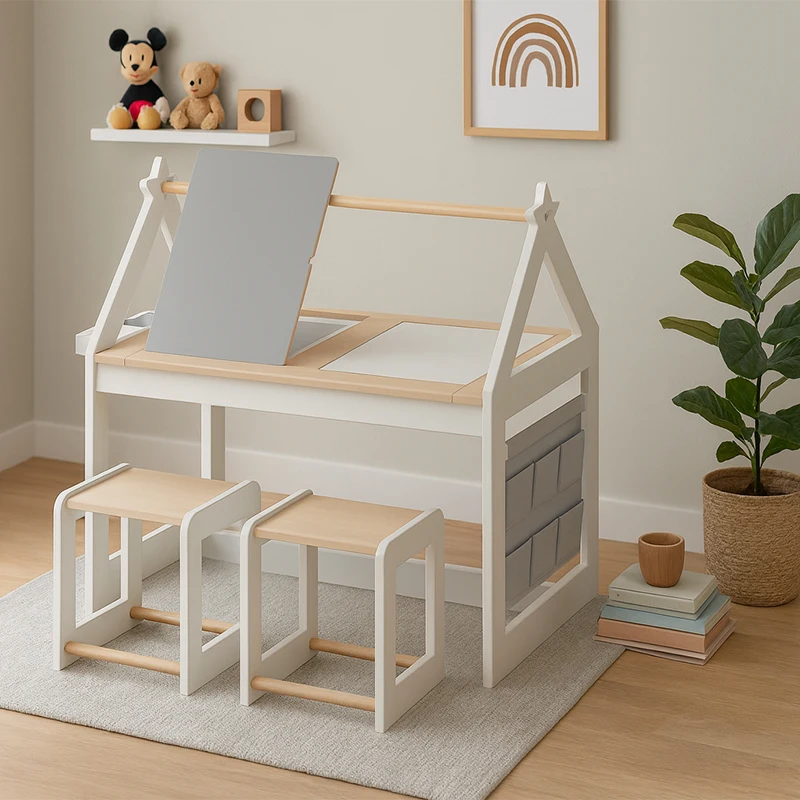 Eduland Montessori Furniture Educational Table Toys Sensory Activity Table Set for Kids Multifunction Wooden Art 2 Stools Sand