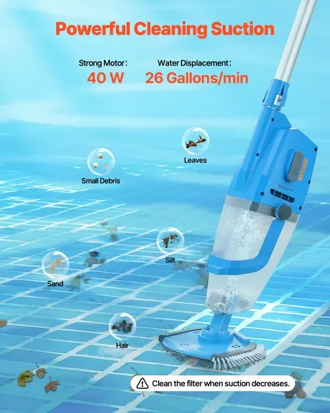Pool Vacuum 26 GPM Rechargeable Pool Cleaner Max. 1H with Extension Pole