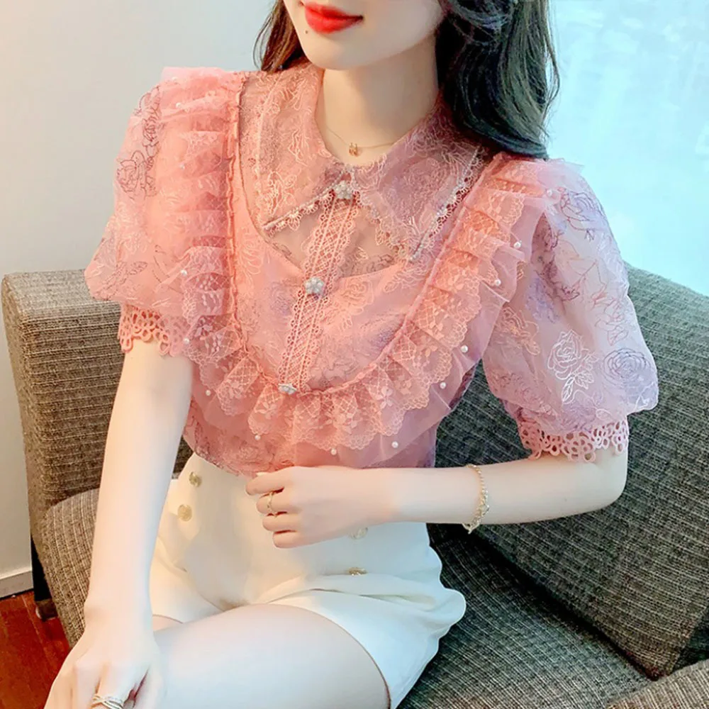 

Summer Elegant Lace Pearl Sweet Chiffon Shirt Womens 2022 New Fashion Fairy Blouses Puff Sleeve Rose Print Tops Mujer Blusas