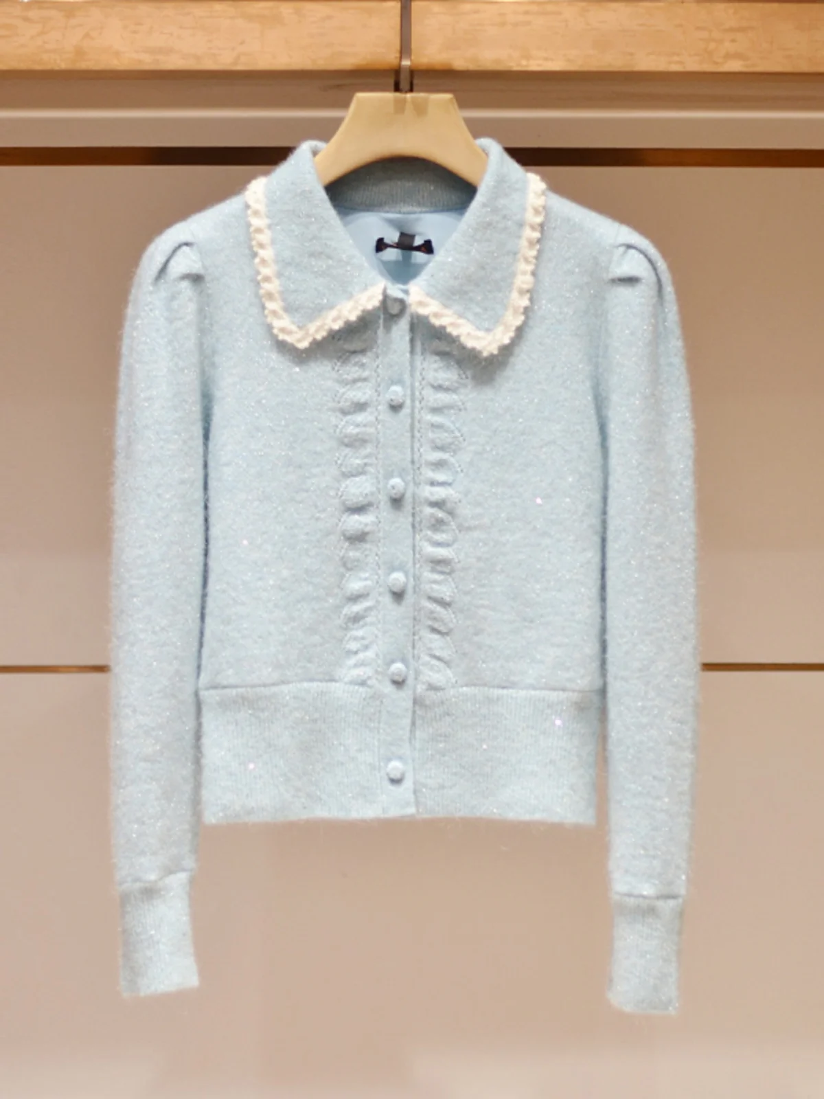 

JOOva Blue Knitted Sweater with Puffy Sves And Collar Autumn 2024 New Sle Single Button Long Sve Women's Top Coat