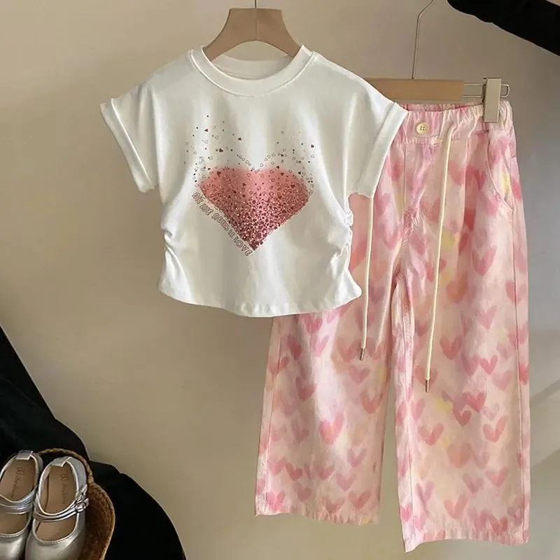 

Children's clothing set fashionable summer new girl sweet heart hot diamond short sleeved T-shirt printed pants