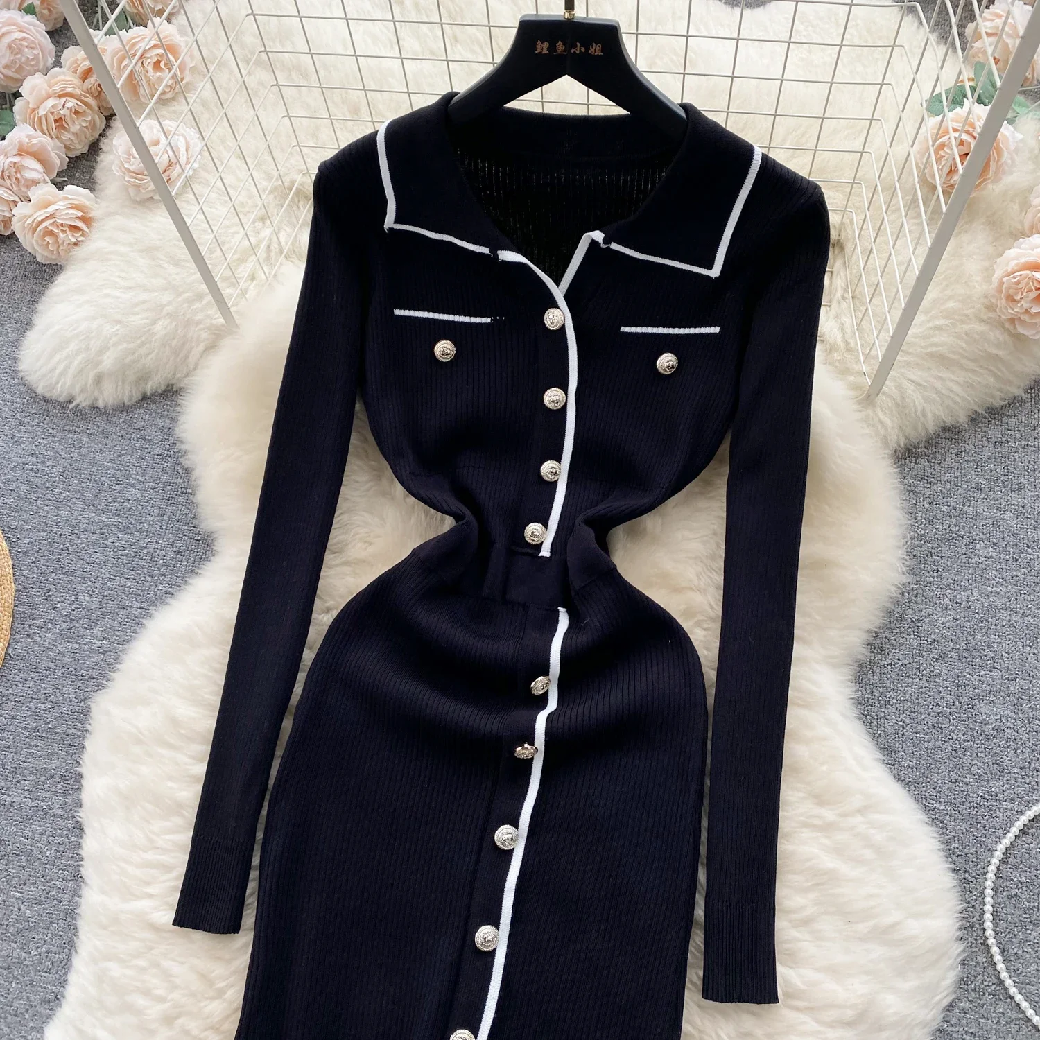 Autumn Winter Elegant Knitted Long ContrastDressres 2024 New High Waist Buttons Turn-down Collar Sweater Dresses Female