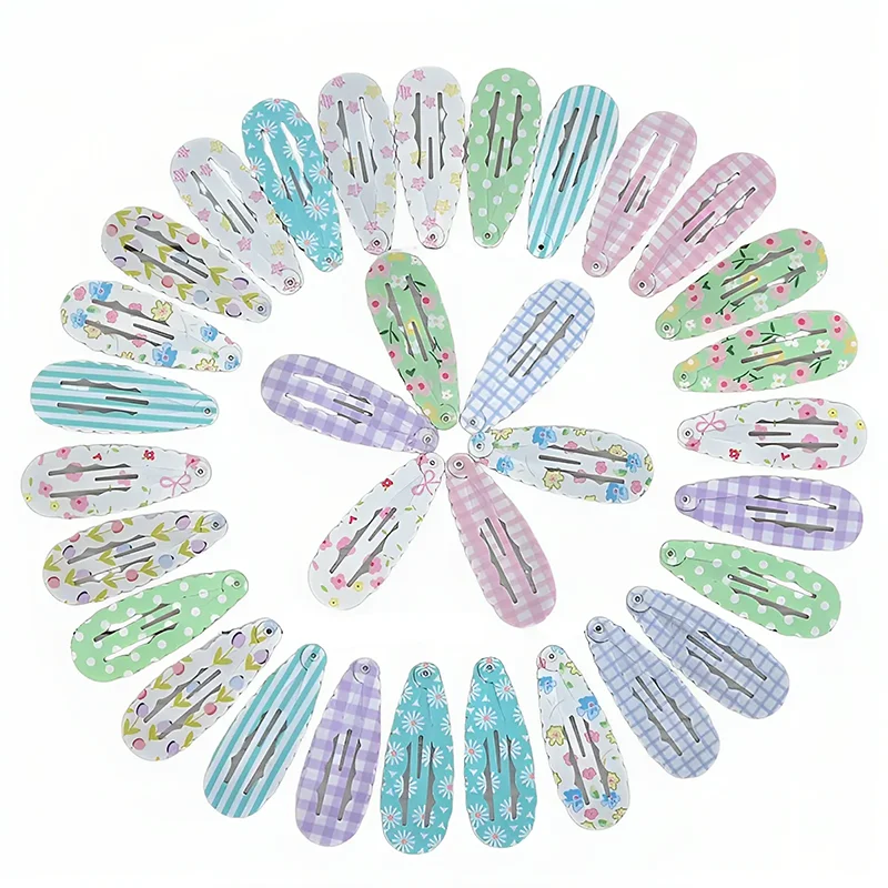 6/10Pcs Cute Colorful Waterdrop Wave Metal Hairpins Sweet Cartoon Flower Print Hair Clips For Women Girls Hair Accessories