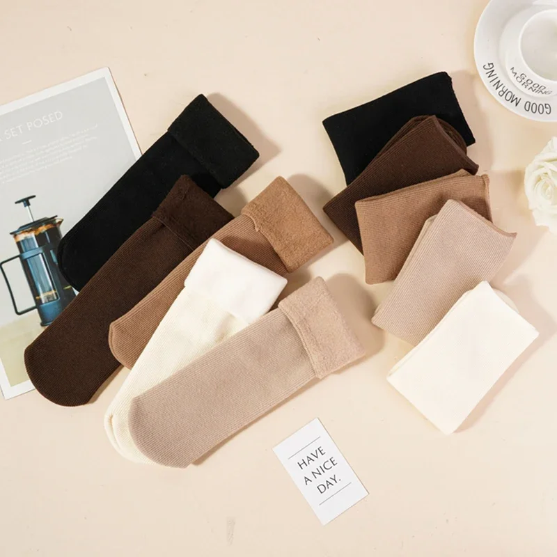 

Winter Velvet Solid Snow Socks Women's Thick Long Tube Vertical Strip Straight Plate Plus Velvet Socks Warm Floor Socks