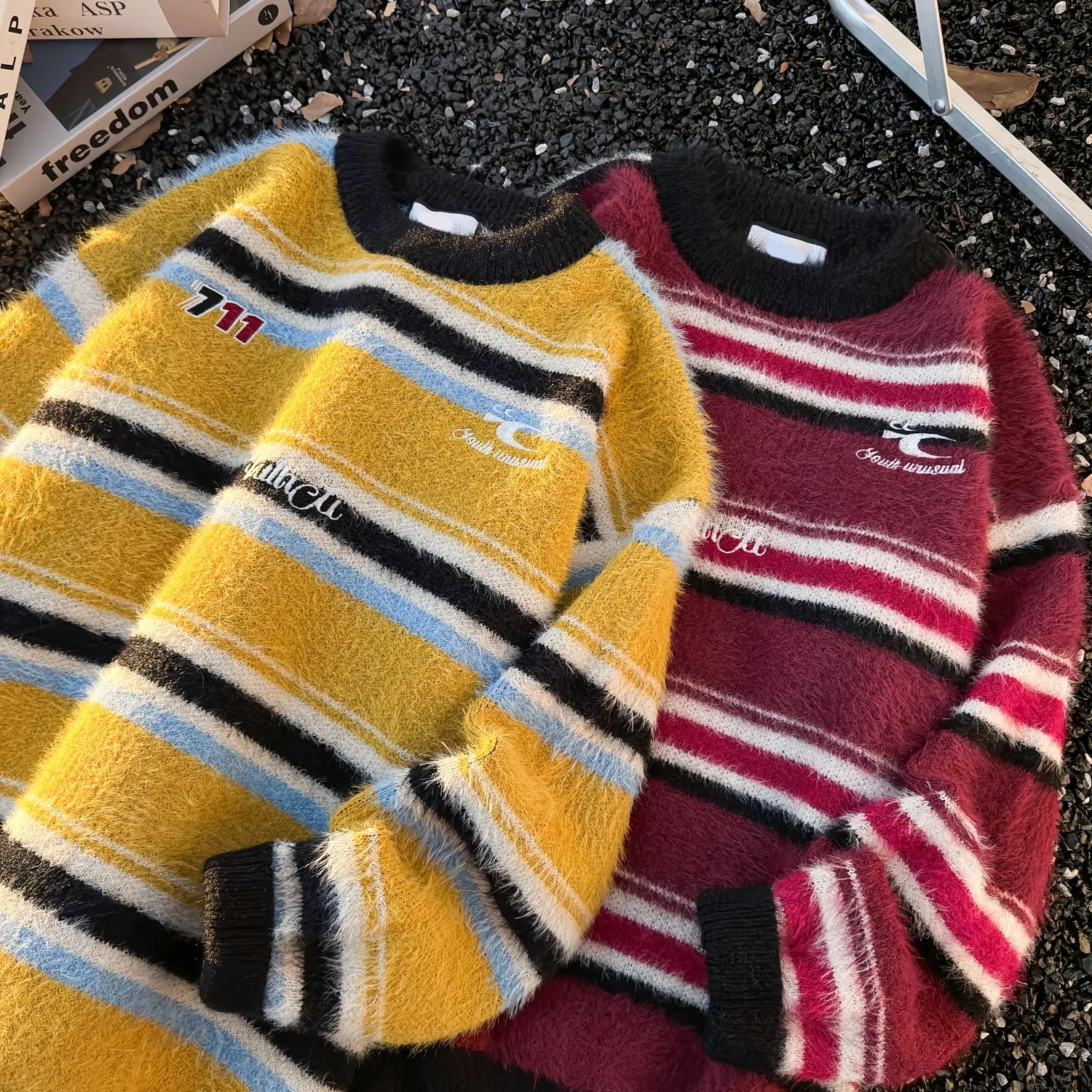 

Loose Fit Men's Knitted Sweater round Ne Embroidered Fur Striped 250 Pou Large Size Autumn Winter Faion Casual Wear