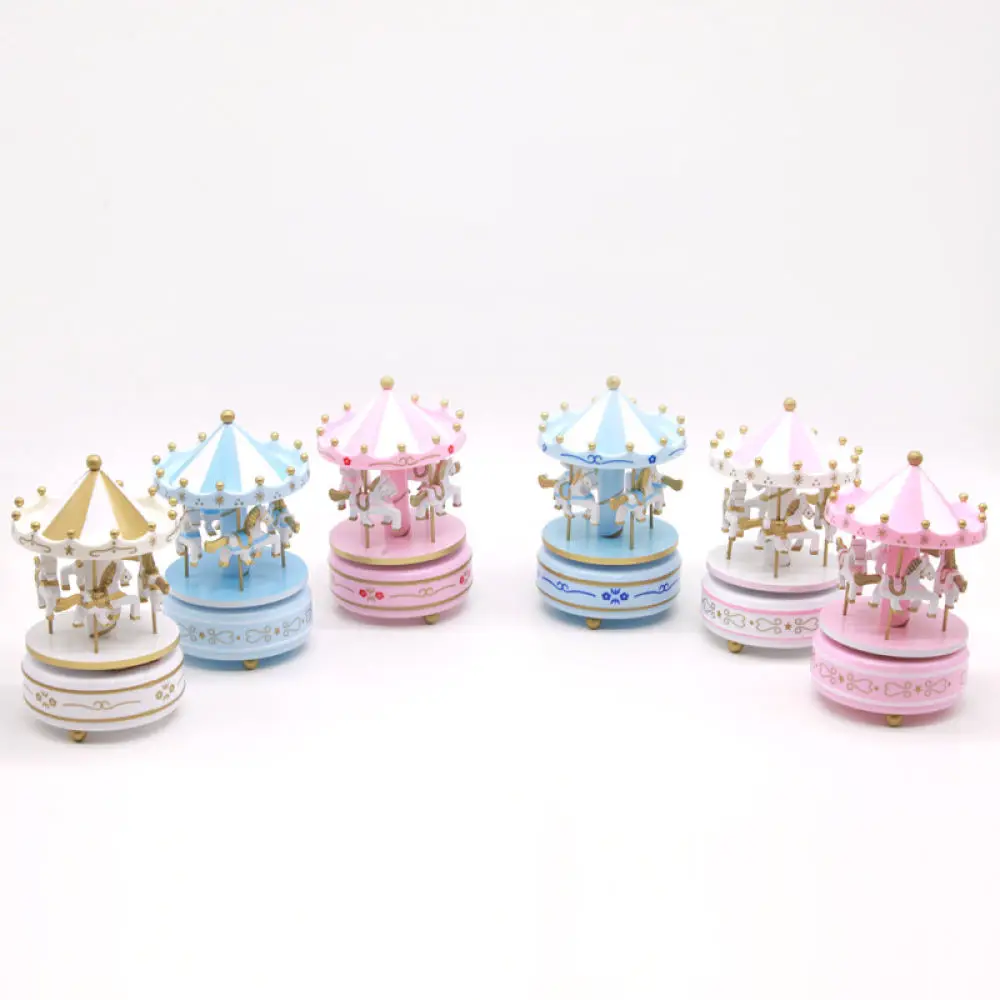 Rotating Carousel Music Box Manual Wind Up Musical Keepsake Birthday Cake Decor European Wood Craft Tabletop Ornament Xmas Gift