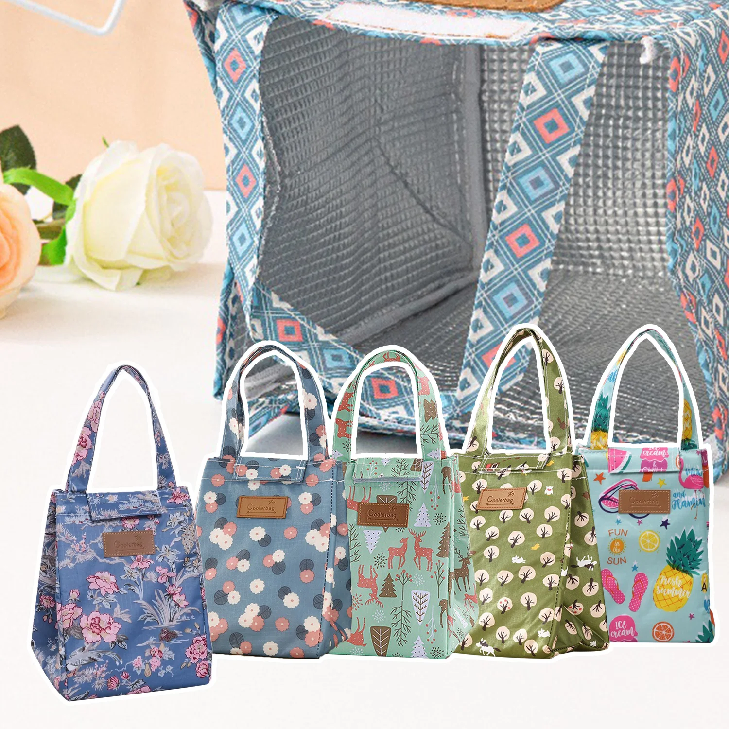 Portable Floral Print Lunch Bag Insulated Large Capacity Bento Bag Thermal Cooler Handbag For School Work Travel Picnic