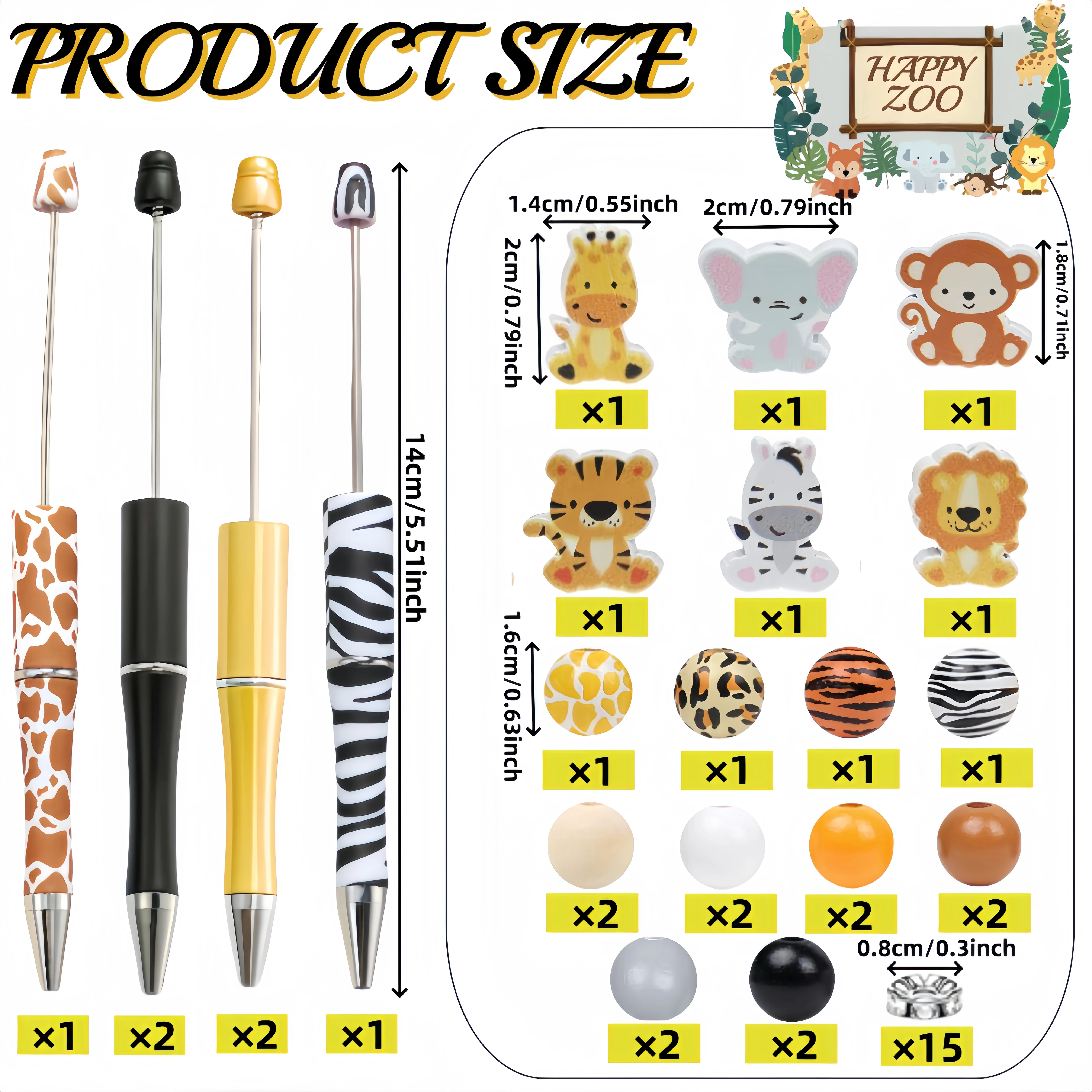 6PCS Zoo Themed DIY Bead Pen Set, Back To School , Creative Gifts Office &Study Supplies，Bead DIY Craft Kit