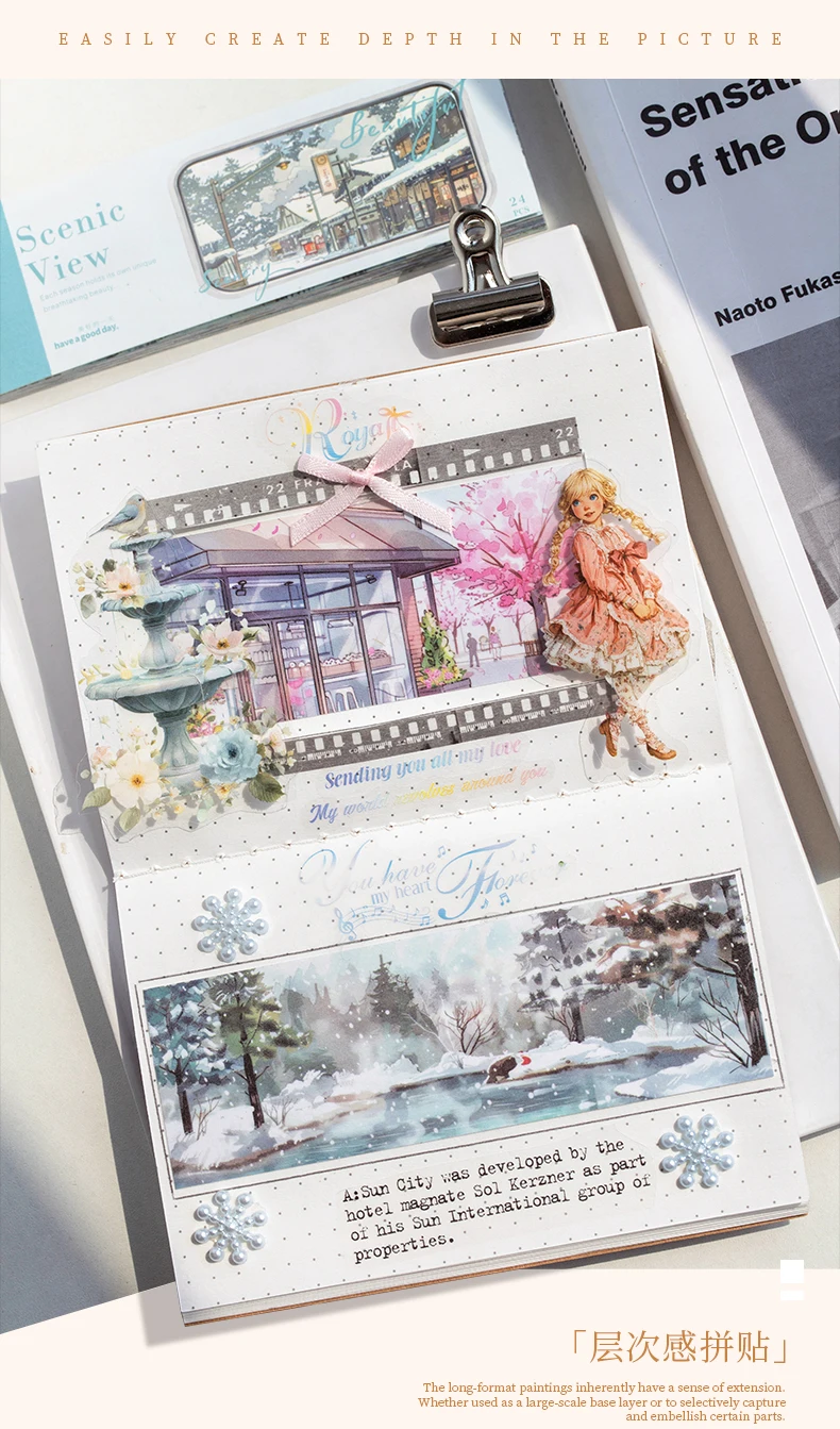 Journal GO 24pages Scenic View Landscape Sticker Book 4-Season Long Strip Decals for Journaling Scrapbooking Planners DIY Crafts