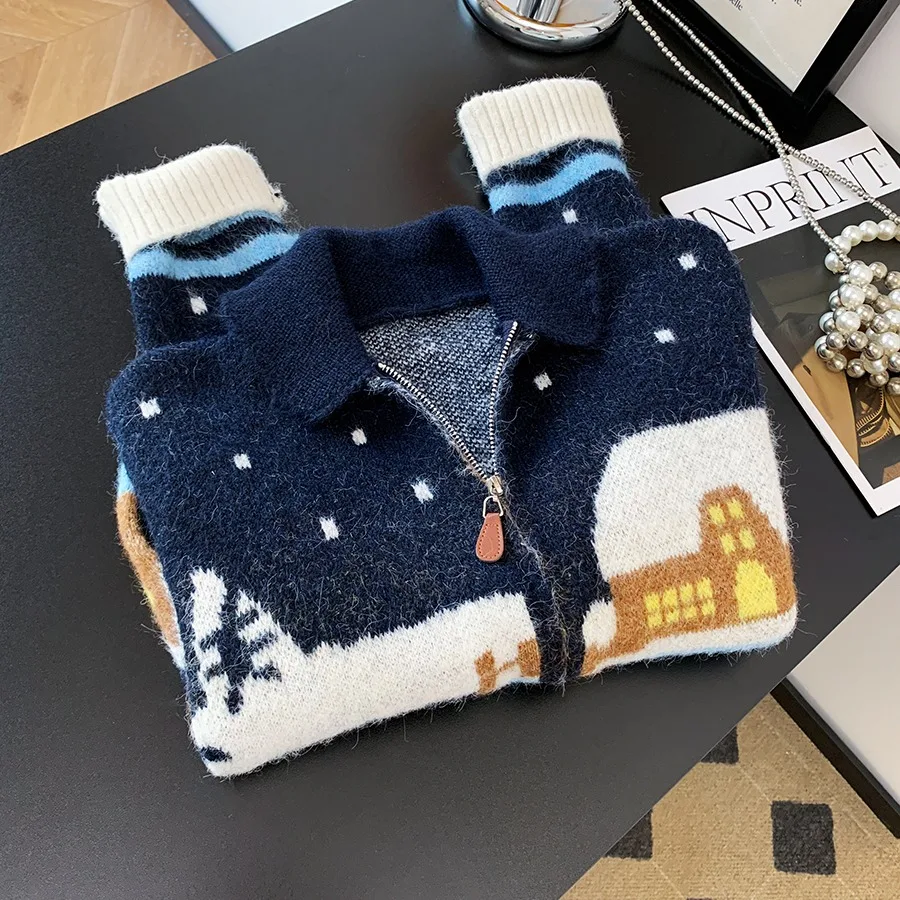 

Retro Heavy Work Zipper Lapel Design Cardigan All Match Women's Knitted Sweater Coat Chic Autumn Winter Faion