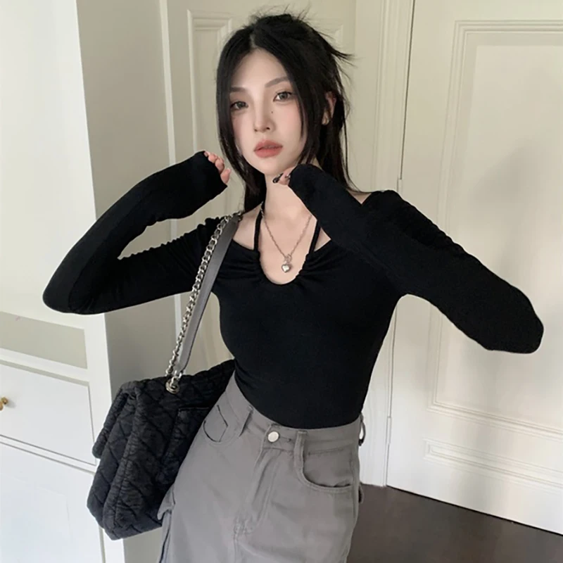 Autumn Fashion Halter V-neck T-shirt Women Solid Color Long Sleeve Slim Crop Top