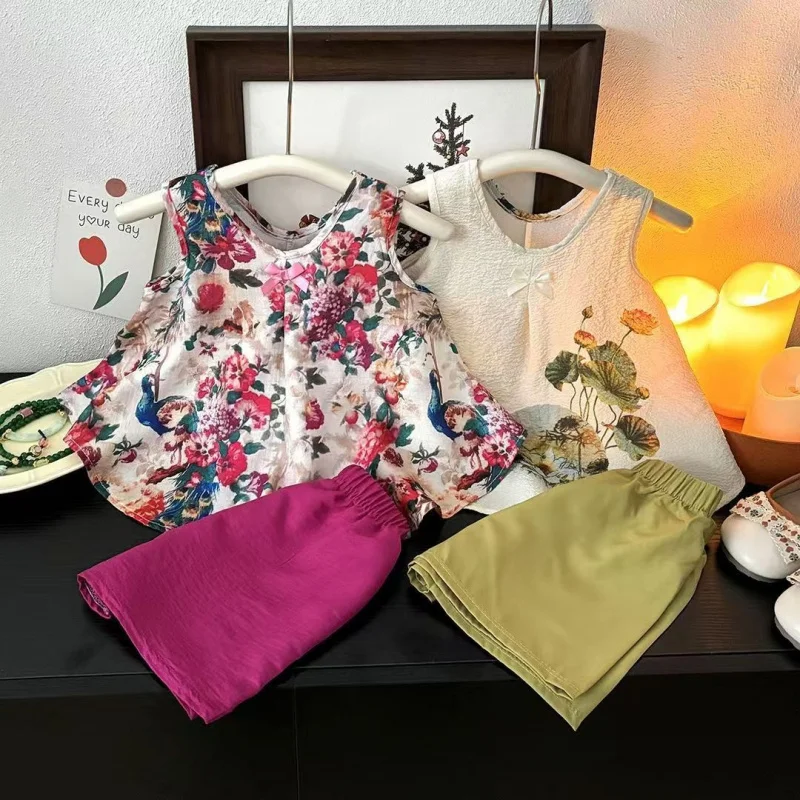 

Girls' Chinese-style summer dress with suspenders, children's Hanfu outfit2026New summer two-piece outfit for baby girls