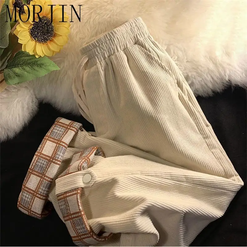 Oversized Casual Korean Patchwork Elastic Waist Wide Leg Pants Autumn Winter Fleece Women Clothing Plaid High Waist Trousers