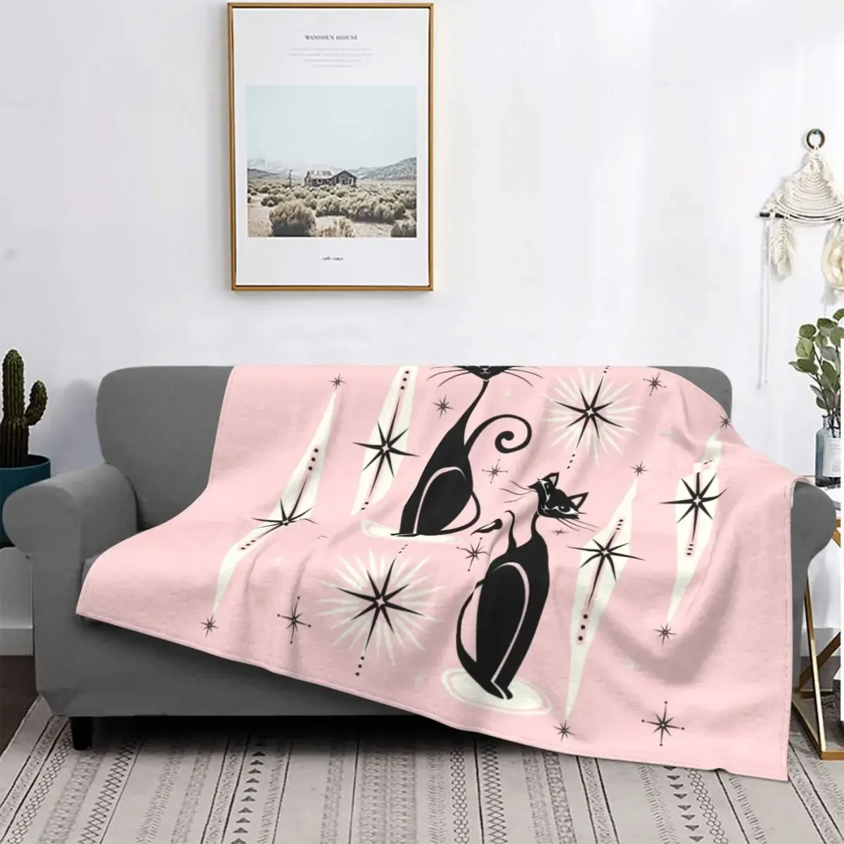 Cute Black Cat Blankets Soft Warm Flannel Mid Century Meow Retro Atomic Kitties Throw Blanket for Bedding Couch Bedspread, Gifts