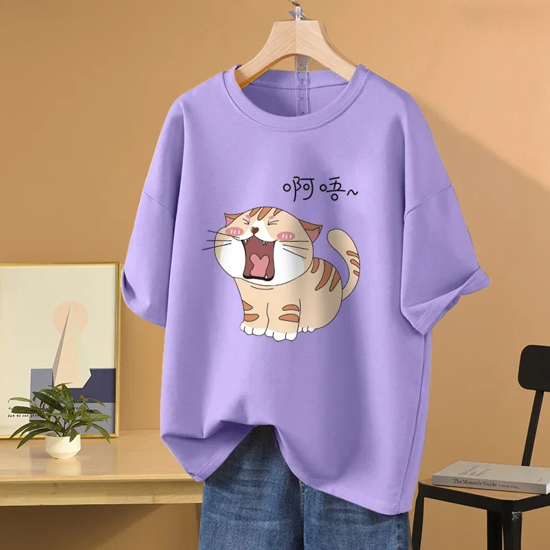 EBAIHUI 100% Cotton L-5XL Plus Size T Shirt Cat Print O Neck Tshirt Short Sleeve Women Top Basic Summer Couple Solid T Shirts