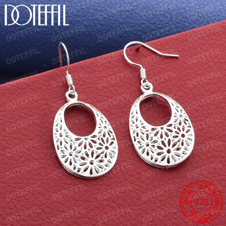 925 Sterling Silver Delicate Openwork Oval Flower Earrings for Women, Fashionable Wedding Party Gift Jewelry