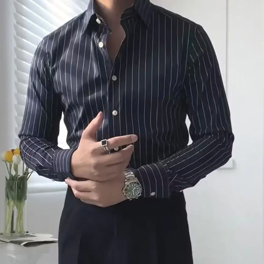 

New Italian Sle Slim Fit Men's irt with k Button Collar And Blue ey Stripes Long Sve Iron Free Busin irt