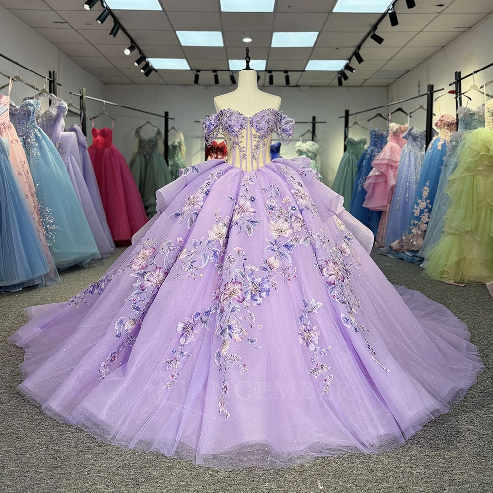 

Purple Quinceanera Dresses For 15 Ans Scoop Neck Customized Cap Sleeve vestidos de 15 años quinceañeras Ruffles Court Train