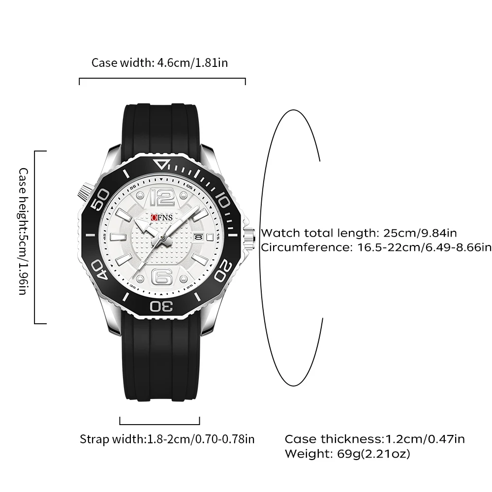 Ofns 1625 Trendy Men's Quartz Wristwatch Rotating Bezel 3atm Waterproof Luminous Hands Date Display Tpu Comfortable Strap