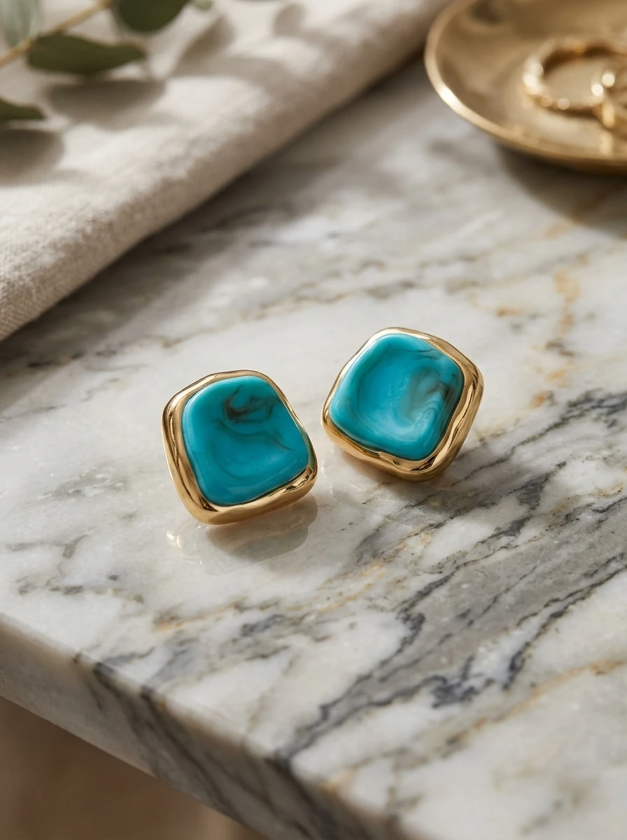 Vintage French Style Acrylic Square Stud Earrings, Gold Plated Irregular Frame Turquoise Color Ear Studs, Daily Dating Party Wea