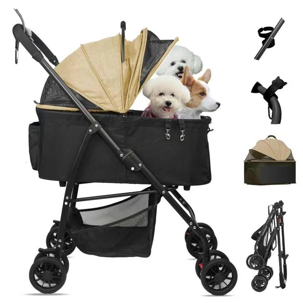 

Прочная 4-колесная коляска для средних собак с корзиной для хранения и держателем для стакана, до 25 кг