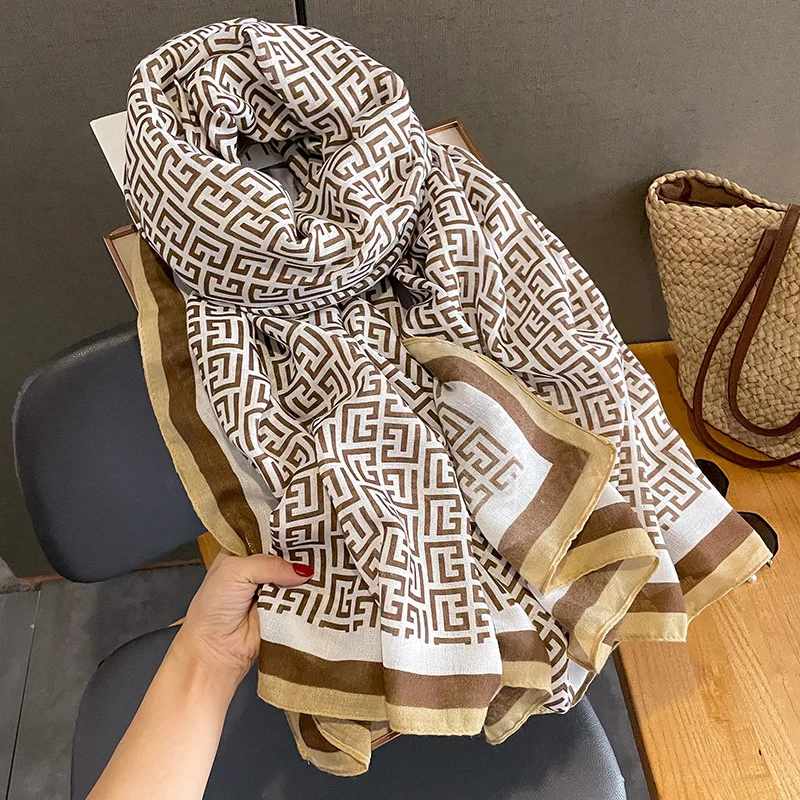 2024 New Women Fashion Foulard Designer Scarf Soft Cotton and Linen Feel Foulard Luxe Scarf Shawl Dual-use Thin Four Seasons