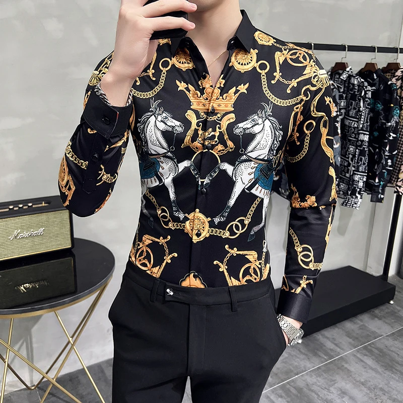 2025 Retro Men's New Luxury Gold Baroque Chain Horse Printed Long Sleeve Shirt, High Quality Comfortable Top