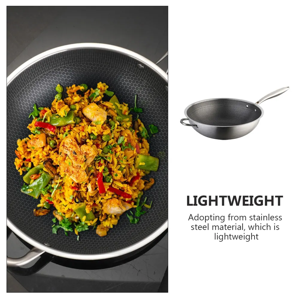 

Stainless Steel Wok Honeycomb Grain Frying Pan Double Handle Traditional Kitchen Wok For Gas Electric Induction Stove Non-Stick