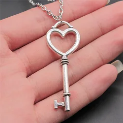 Antique Silver Plated 53x20mm Heart Key Pendant Necklace For Women Men Long Chain Trendy Jewelry Accessories