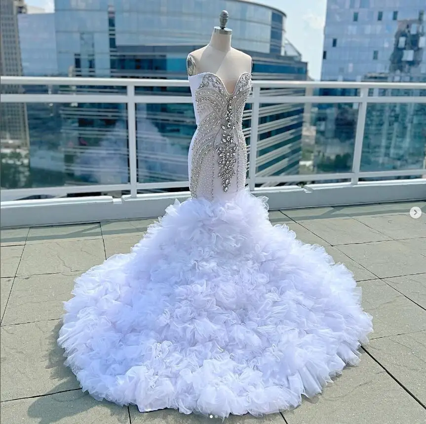 

Crystal Mermaid Princess Wedding Dresses Sweetheart Lace-up Corset Ruffles Tiered Skirt Nigerian African Bridal Gown