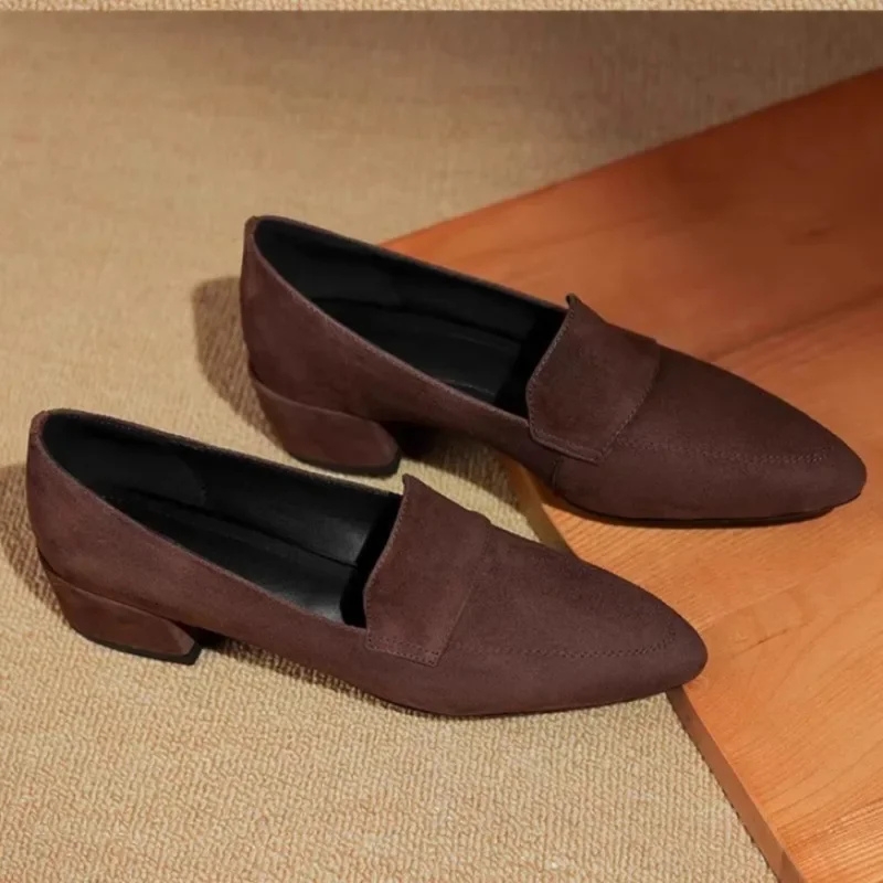 

Autumn New Coarse Heel Shoes Women's Fashion Pointed Shallow Mouth Suede Anti-slip Wear-resistant Low-top Shoes