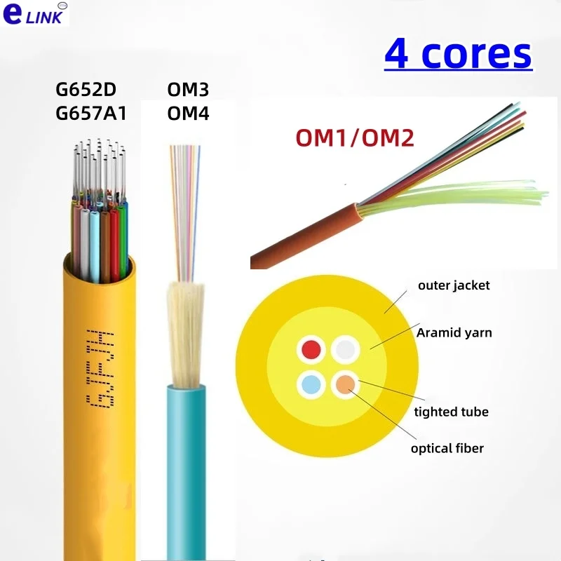 fiber optic cable 4 cores bundle GJFJV-4 indoor G652D G657A1 OM1 OM2 OM3 OM4 50/125 62.5/125um SM MM 4 fibers wire ELINK 100Mtr