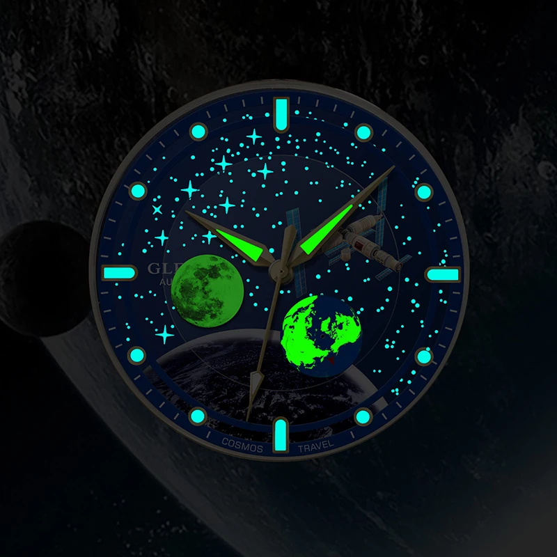 2025 جديد GLENAW الرجال ساعات أوتوماتيكية الهيكل العظمي السماء المرصعة بالنجوم القمر المرحلة مضيئة مقاوم للماء الفولاذ المقاوم للصدأ ساعة ميكانيكية الرجال