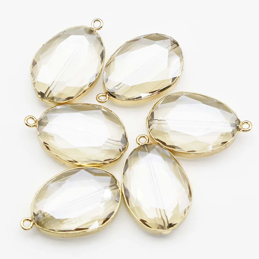 Selling Champagne Oval Gold Plating Color Brass Glass Tear Necklace Pendants Colourful Reiki Charms Jewelry Wholesale Gift 12Pcs