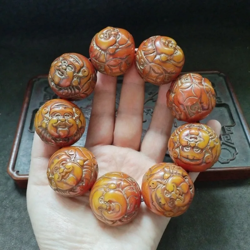 Vintage Carved Happy Buddha Round Bead Bracelet, Orange Resin Buddha Face Beads Buddhist Blessing Mala Bracelet
