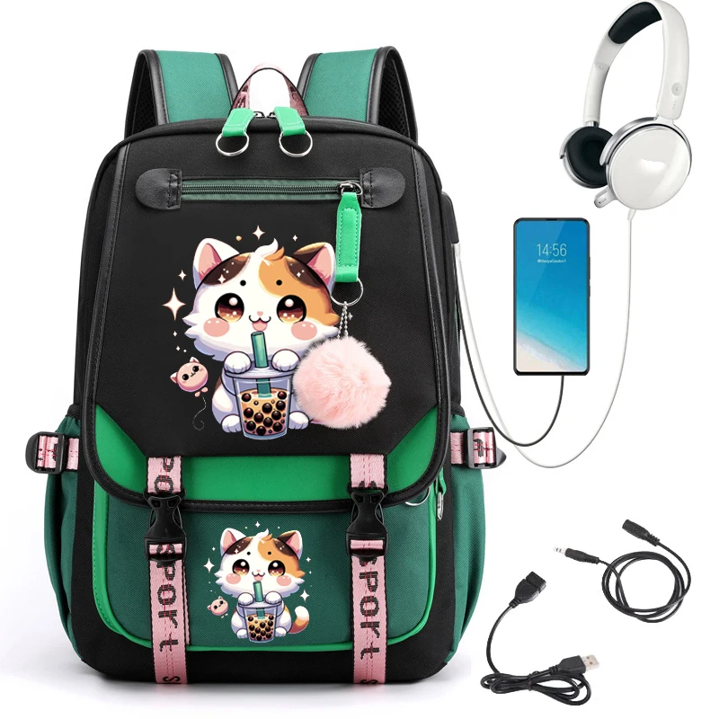 College Students Backpack Girl Travel School Backpack Fashion Leisure Bagpack Boba Anime Cat Laptop School Bags Usb Bookbags