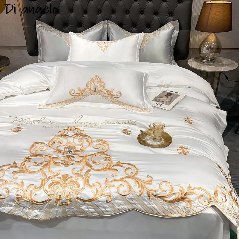 New White Luxury Exquisite Gold Royal Embroidery Soft Easy Bedding Set Duvet Cover Bed Linen Flat Sheet Pillowcases #/L