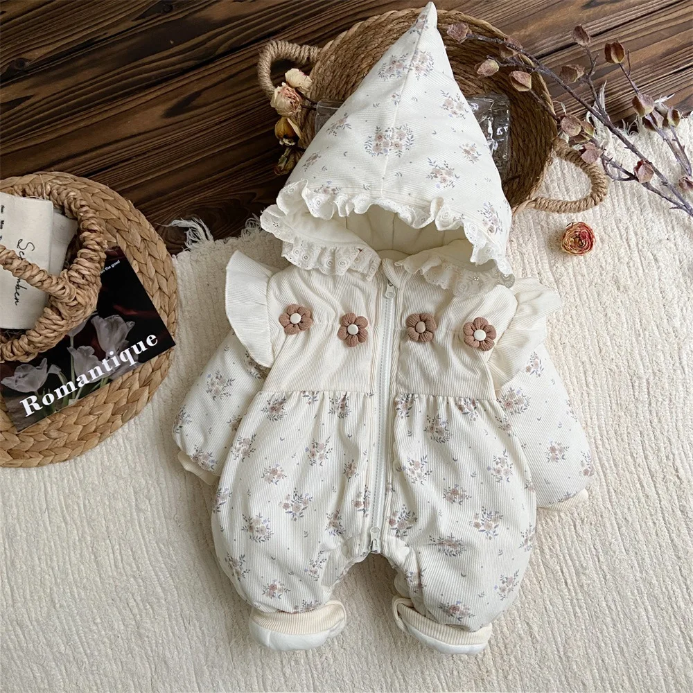 Winter Korean Ins Baby Girls Jumpsuit Floral Lace Hooded Thickened Cotton Quilted Infant Girls Rompers Newborn Girls Bodysuit