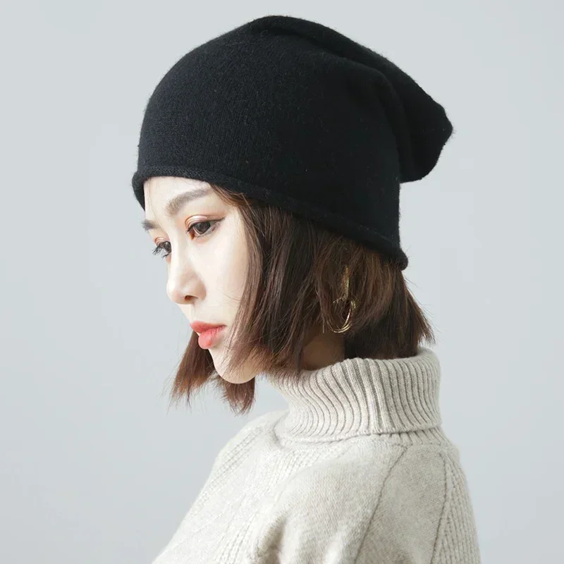 Women 35% Cashmere Plain Knitted Slouchy Beanie Hat Simple Solid Caps Rolled Hem Soft Wool Winter Spring Warm Sleep Hair Bonnet