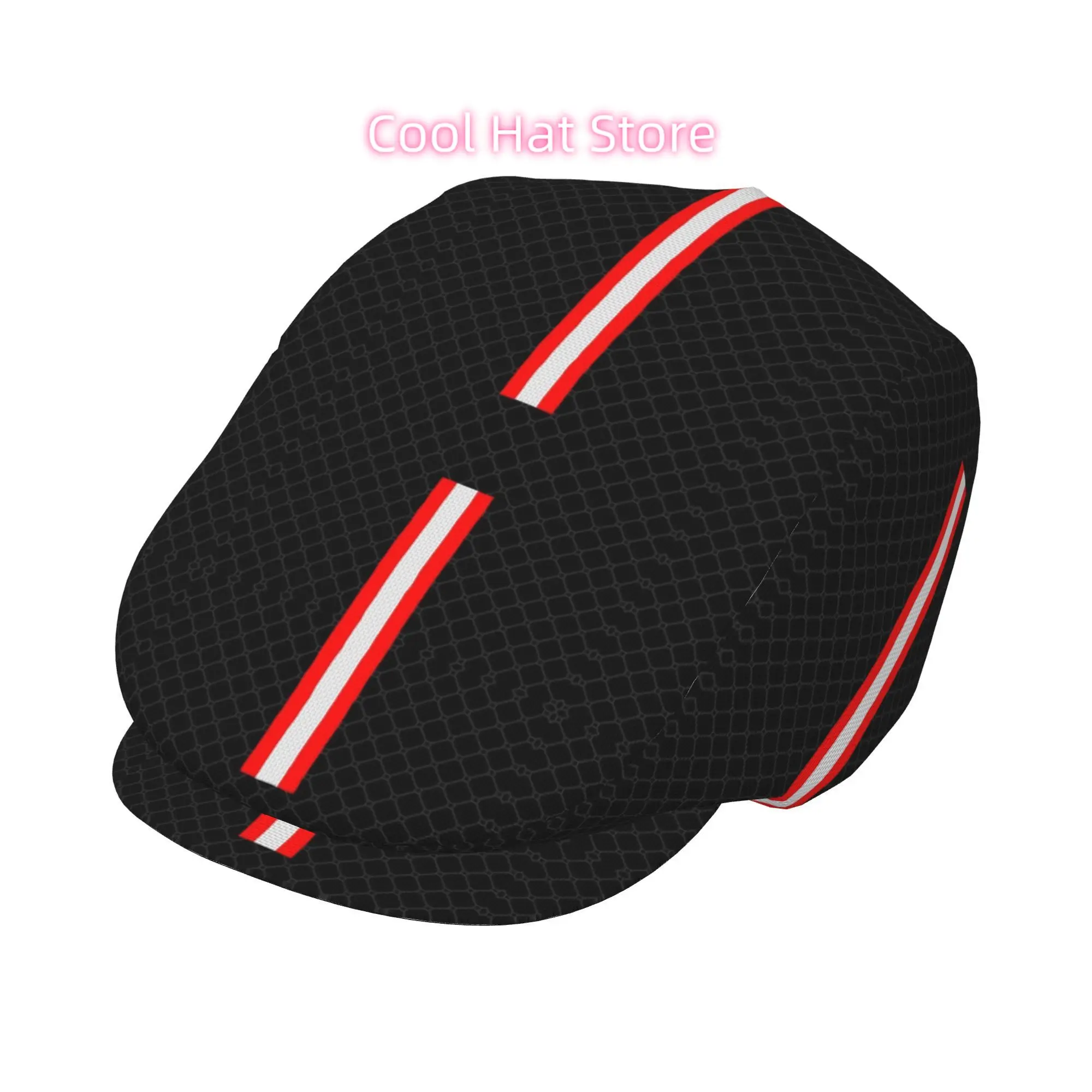 Black Chain Link with Red White Stripe Stylish Retro Newsboy Cap, Unisex Beret, British Avant-Garde Cap, Adjustable Solar Protec