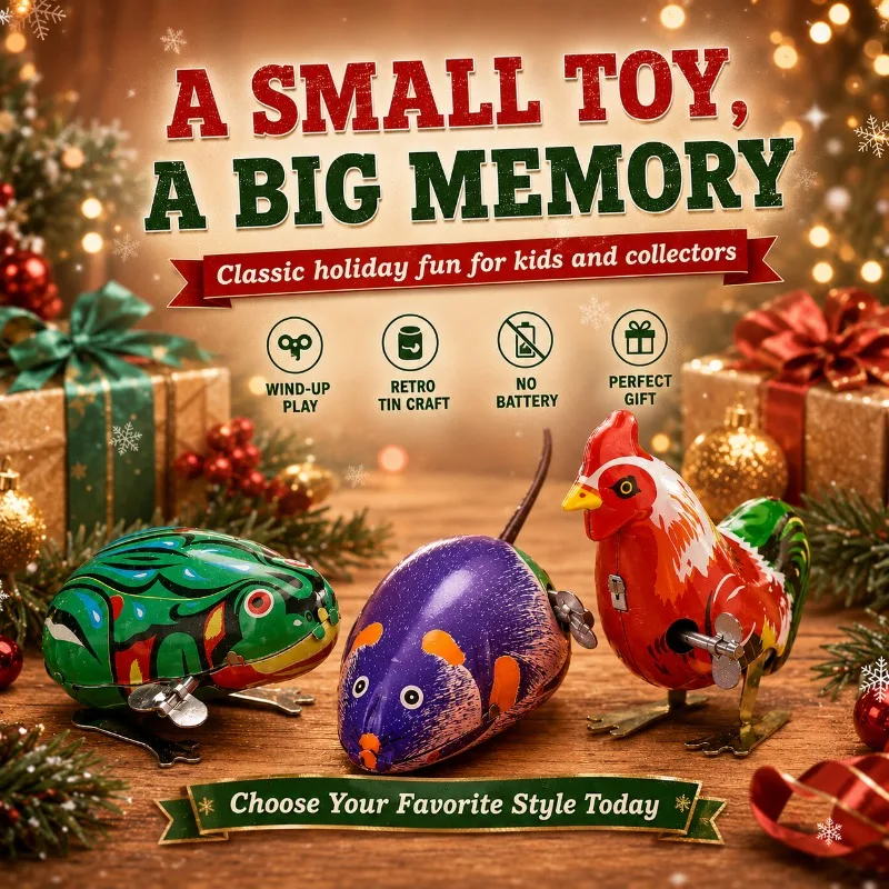 Classic Mechanical Spring Operated Tin Toy Frog Mouse Rooster Lovely Table Ornament Christmas Surprise Present