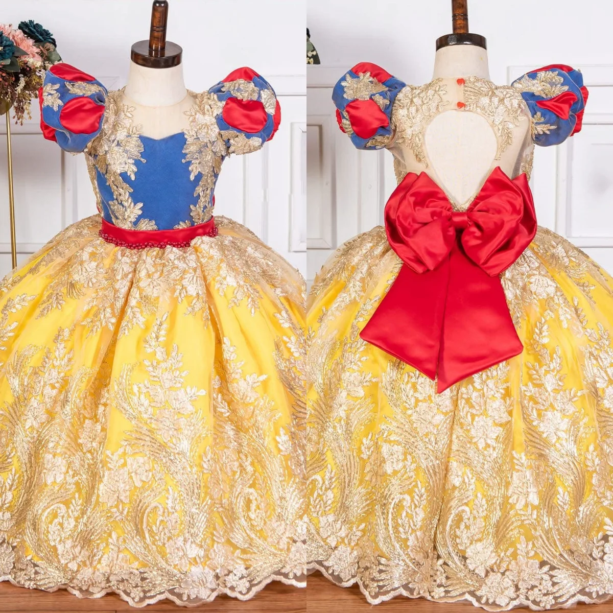 

Customized Flower Girl Dress for Wedding Appliques Bow Short Sleeve Snow White Princess Birthday Party Prom Toddle Children Gown