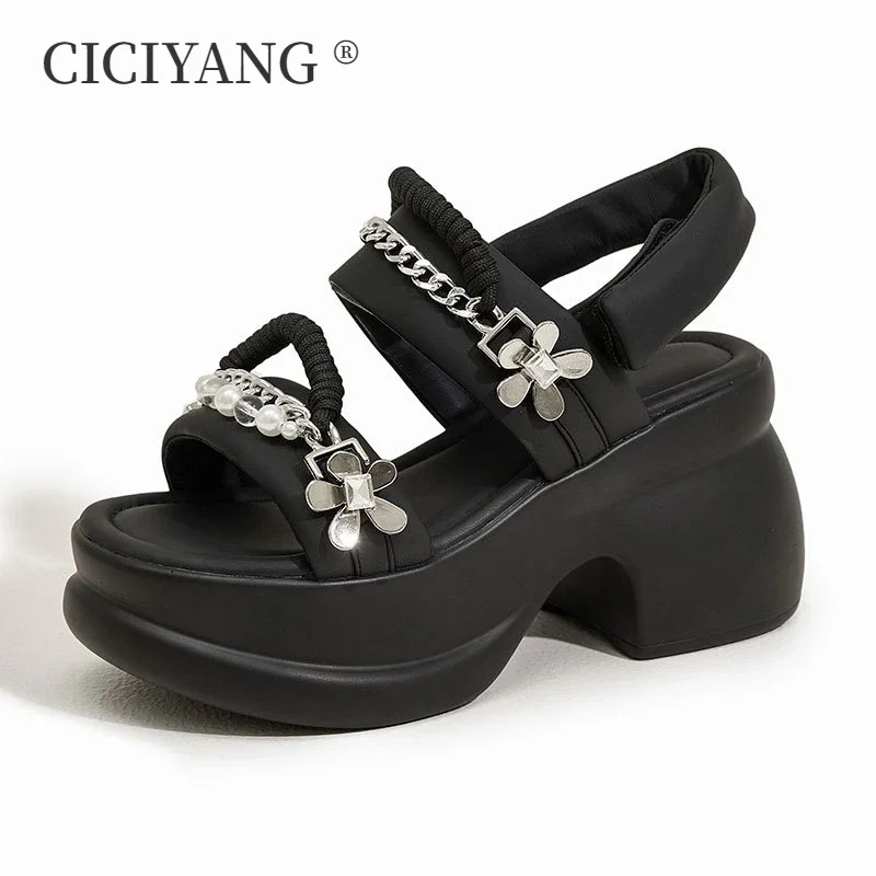 

CICIYANG 7cm Chunky Platform Sandals for Women Summer 2025 New Beautiful Beads High Heel Ladies Open ToeCasual Beach Sandals