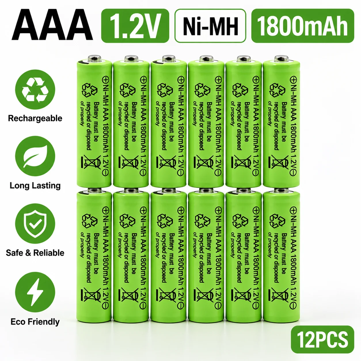 AAA Rechargeable Battery 1.2V Ni-MH 1800mAh High Capacity Batteries for Toy Remote Control Camera Flashlight 3A Discharge