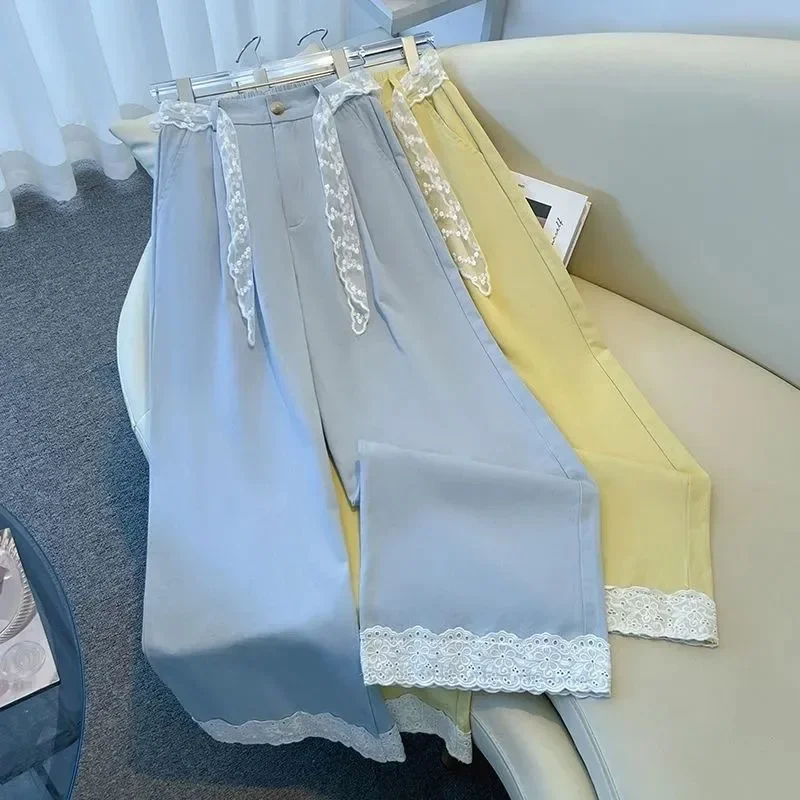 Pantaloni larghi da donna sottili 2025 nuovi piccoli pantaloni dritti pantaloni larghi casual a nove punti in pizzo azzurro