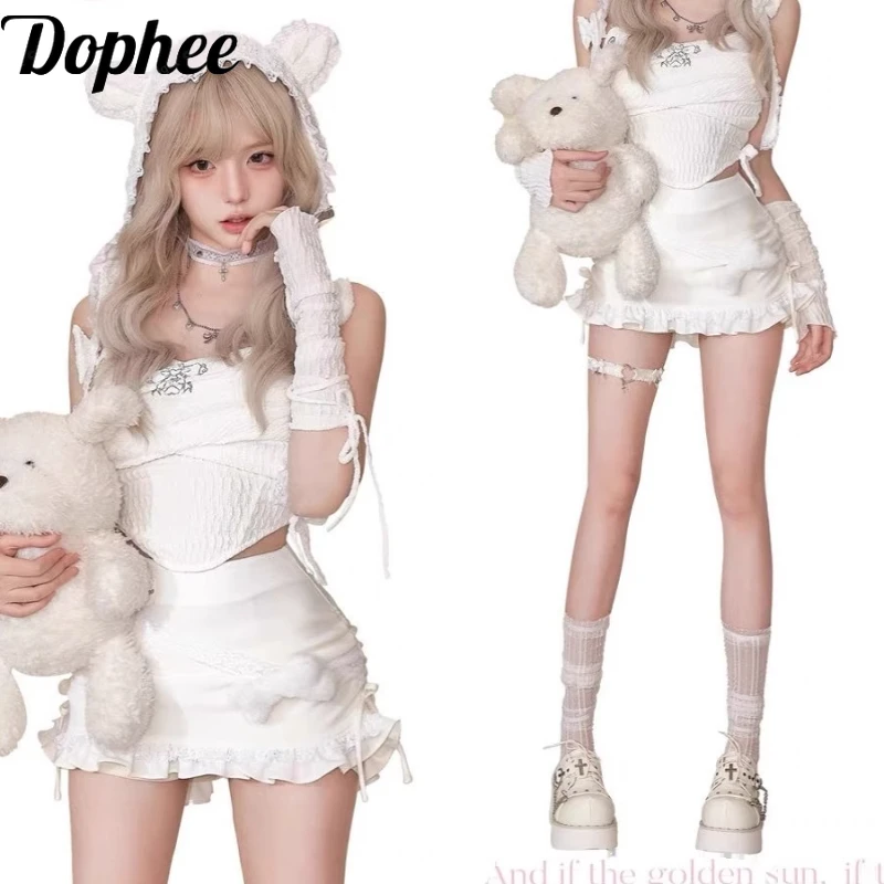 

Dophee New Summer Sweet Girl 4pcs Set Sleeveless White Tanks Top + High Waist Short Skirt + Cute Ears Cap + Strap Sleeves