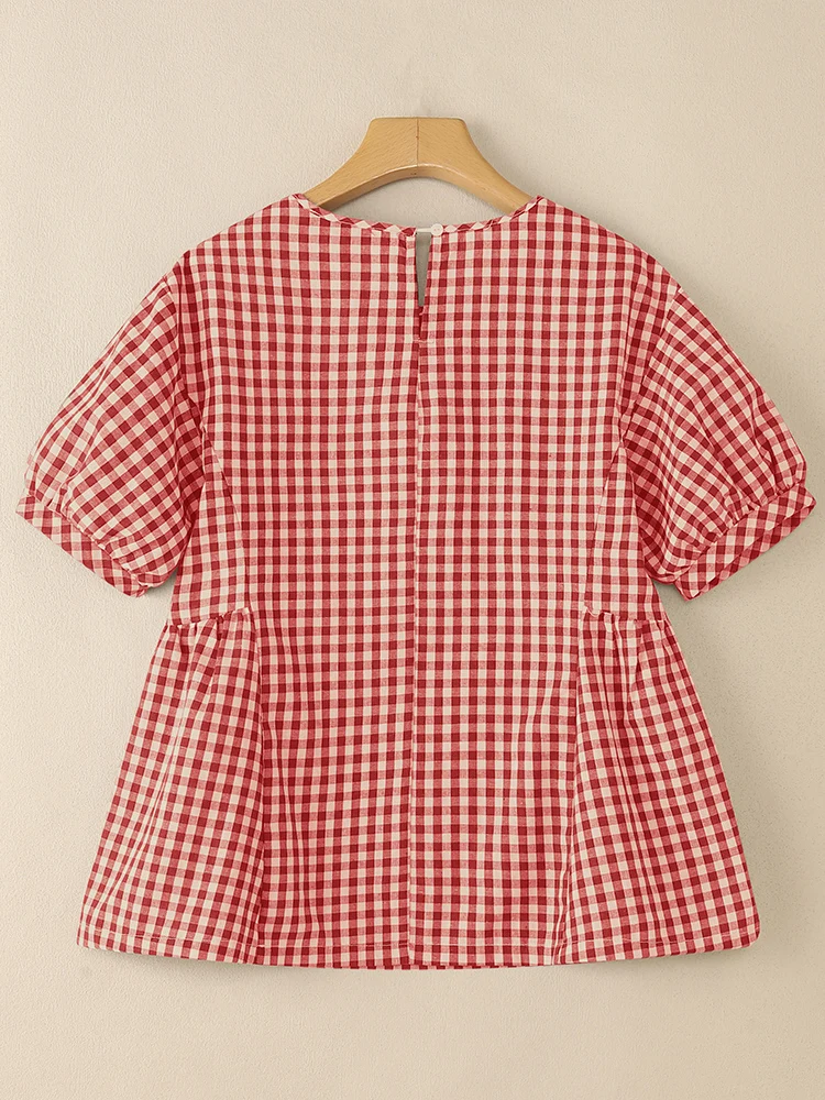 2025 verão feminino topos zanzea casual o pescoço camisa solta xadrez blusa plissada mujer femme manga curta blusas oversize