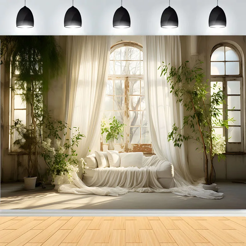 Backlit White Window Photography Background Curtain Wedding Birthday Party Pregnant Interior Decor Elegant Drapes Backdrop HU-07