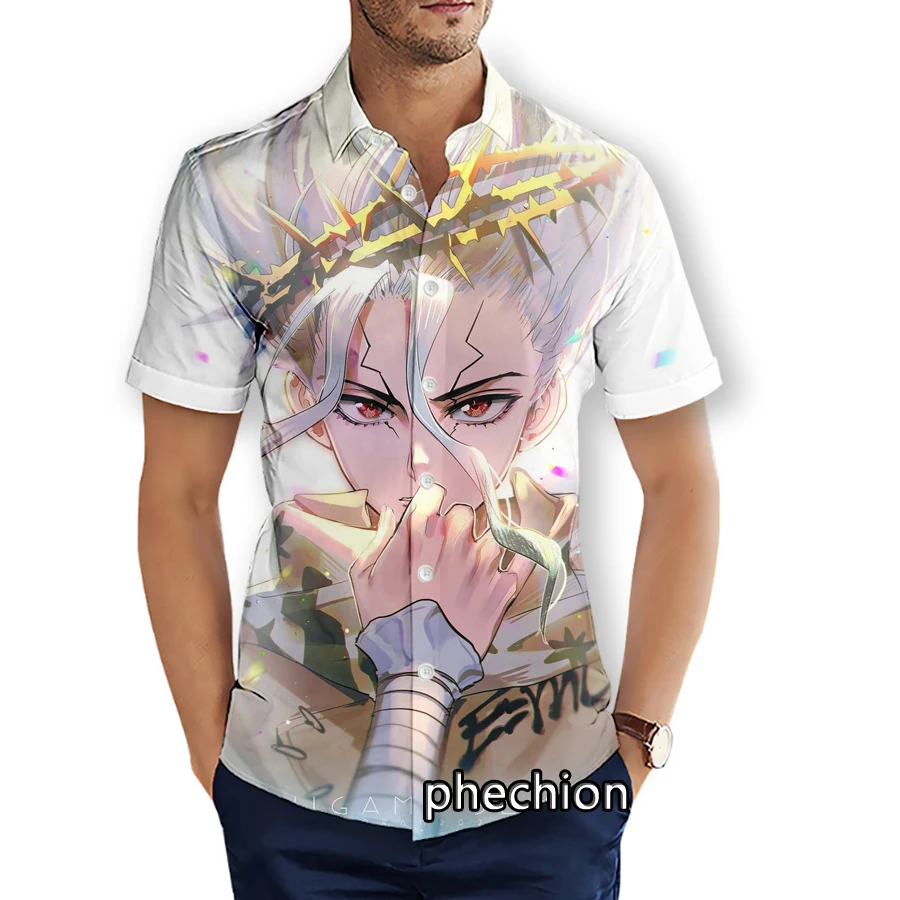 

phechion Summer Mens Short Sleeve Beach Shirts Dr.STONE 3D Printed Casual Shirts Fashion Streetwear Men Tops X44