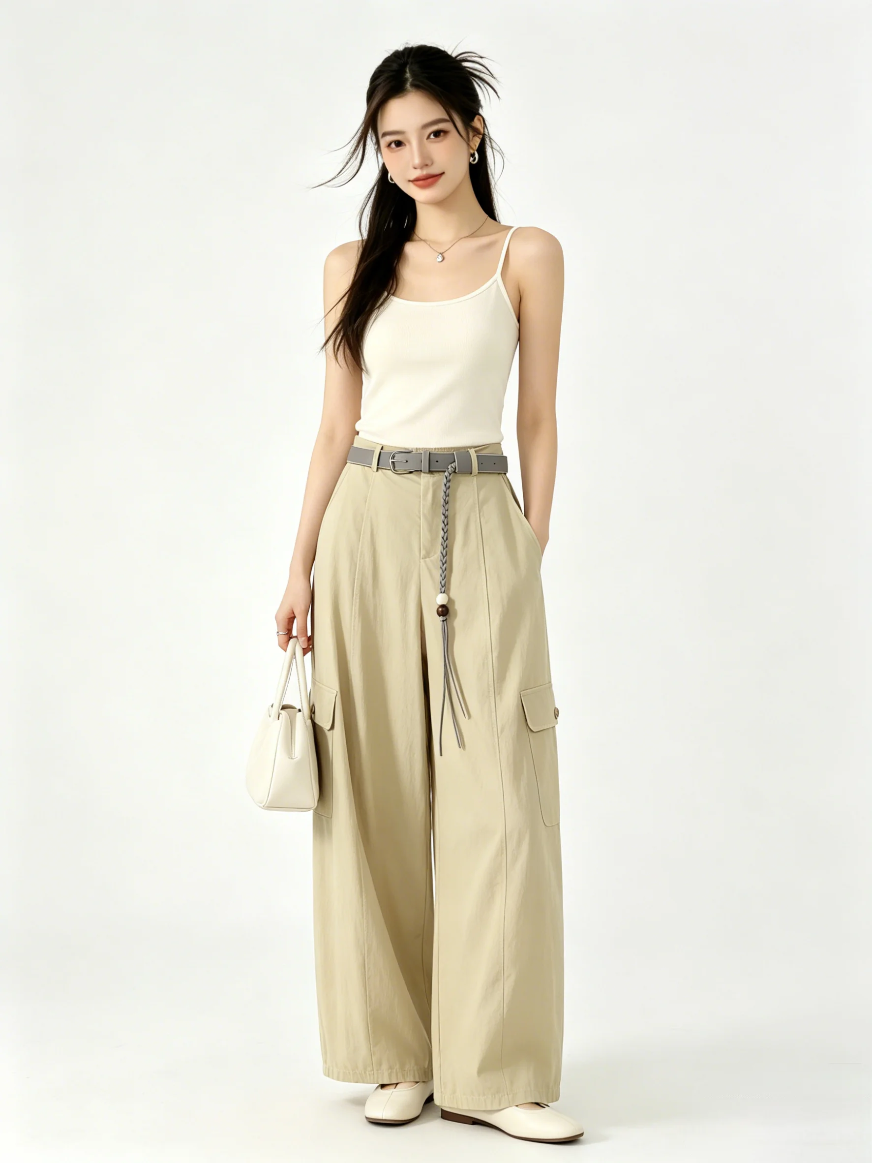 Khaki Color Simple Sporty Casual Style Wide Leg Pants Summer Drapey Multi-Purpose Korean System Workwear Trousers